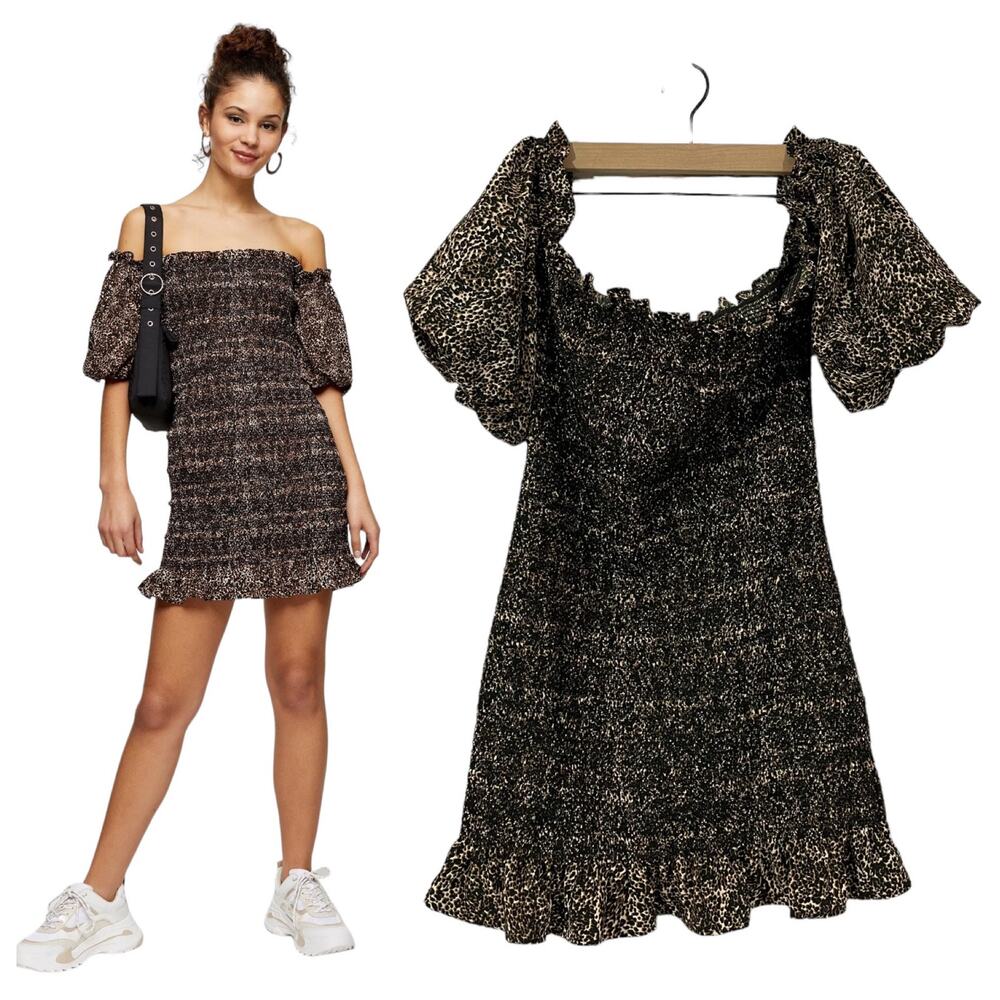 Topshop Leopard Print Off The Shoulder Minidress In True Leopard - US 8